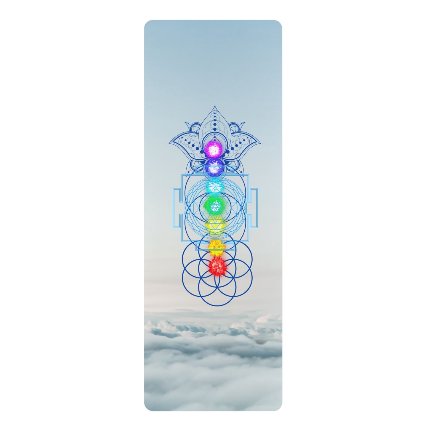 Rubber Yoga Mat In the Clouds background and Flower of Life, Chakras, Sri Yantra, Infinity Symbol and Lotus Flower