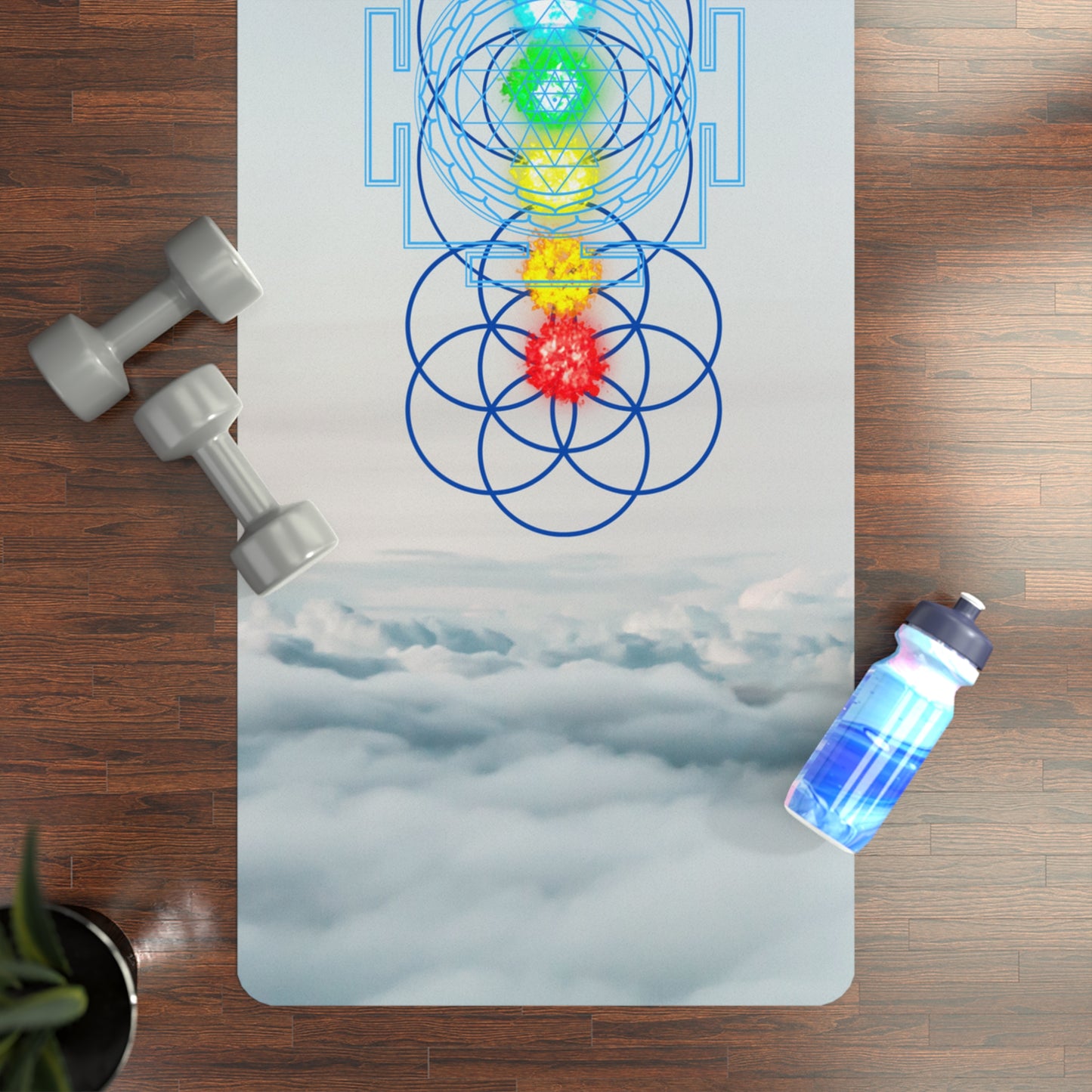 Rubber Yoga Mat In the Clouds background and Flower of Life, Chakras, Sri Yantra, Infinity Symbol and Lotus Flower