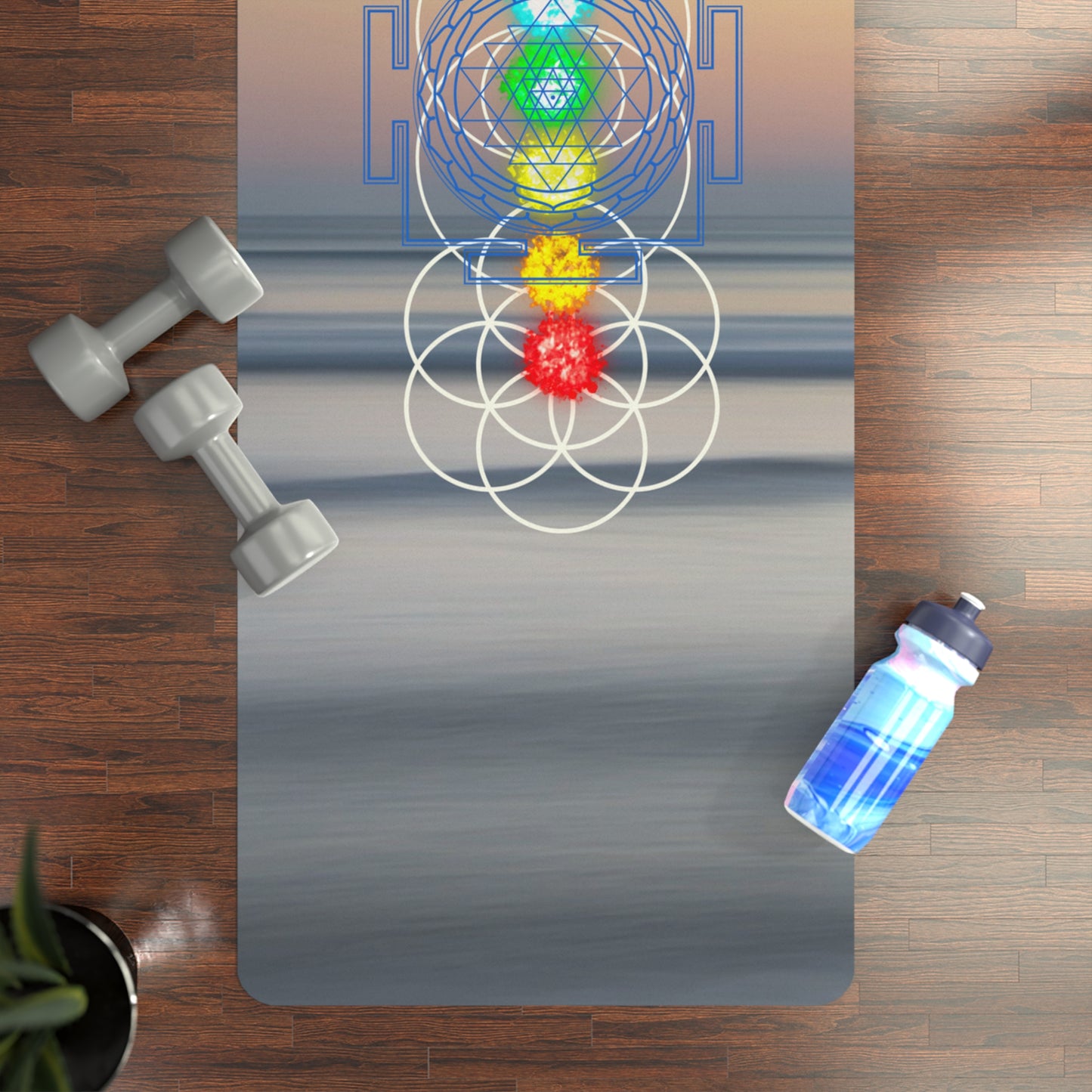 Yoga Mat with Ocean Sunrise background and Flower of Life, Sri Yantra, Infinity Symbol and Lotus Flower