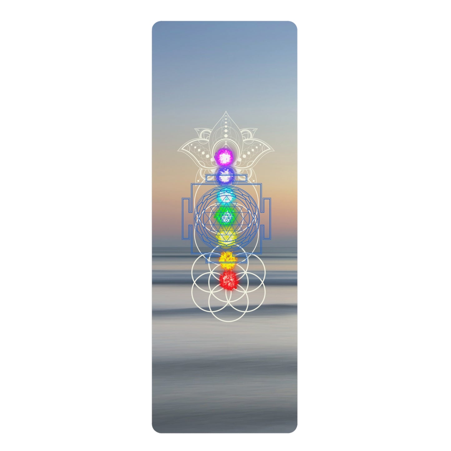 Yoga Mat with Ocean Sunrise background and Flower of Life, Sri Yantra, Infinity Symbol and Lotus Flower