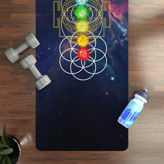 Rubber Yoga Mat with Space Nebula background, Flower of Life, Sri Yantra, Infinity Symbol and Lotus Flower