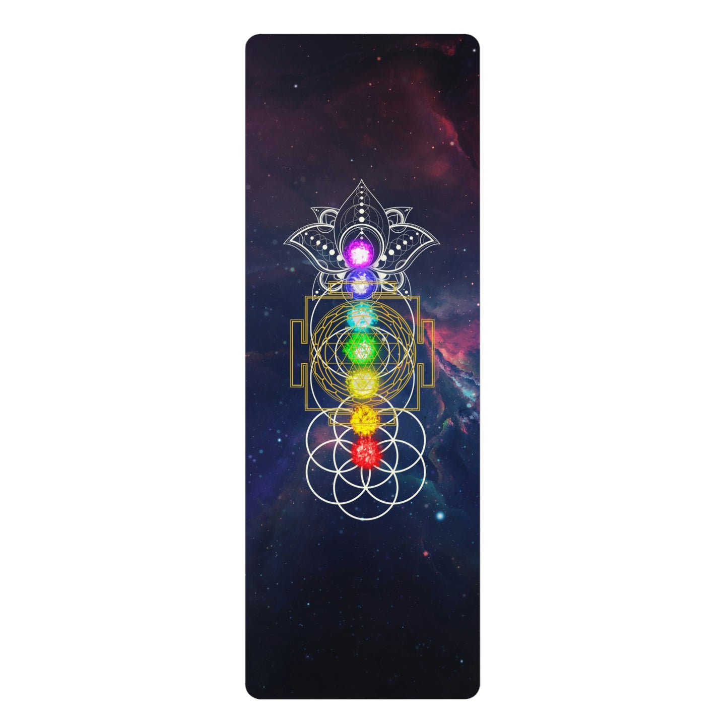 Rubber Yoga Mat with Space Nebula background, Flower of Life, Sri Yantra, Infinity Symbol and Lotus Flower