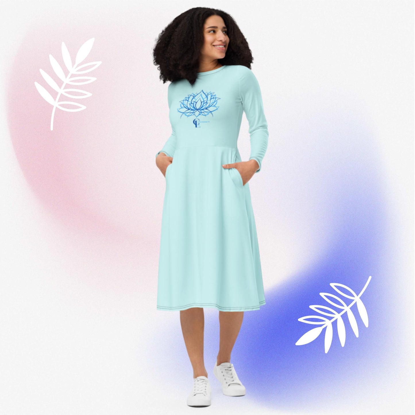 Light Cayan long sleeve midi dress with Lotus Flower