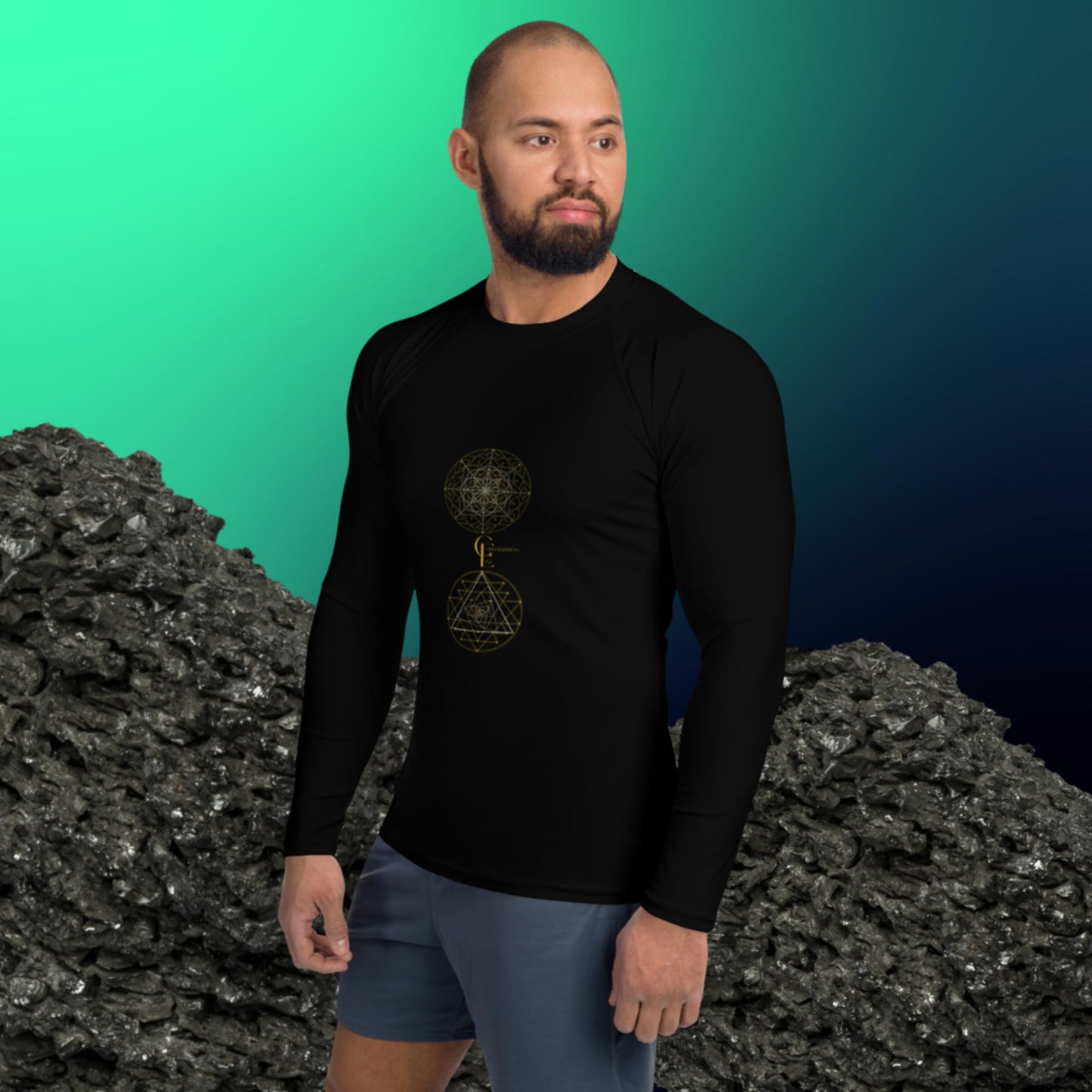 Men's Rash Guard with Sacred Geometry Patterns and Conscious Quote