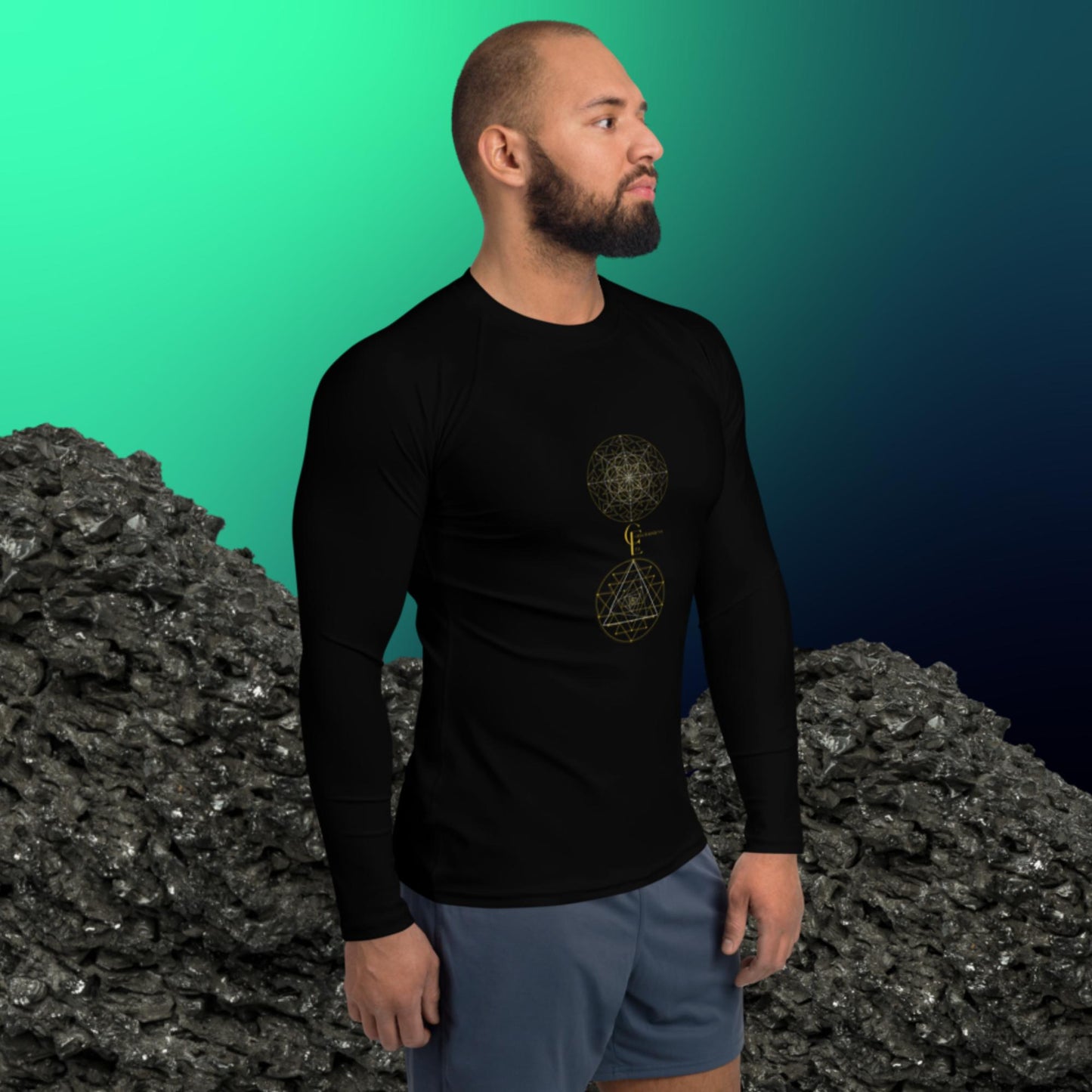 Men's Rash Guard with Sacred Geometry Patterns and Conscious Quote