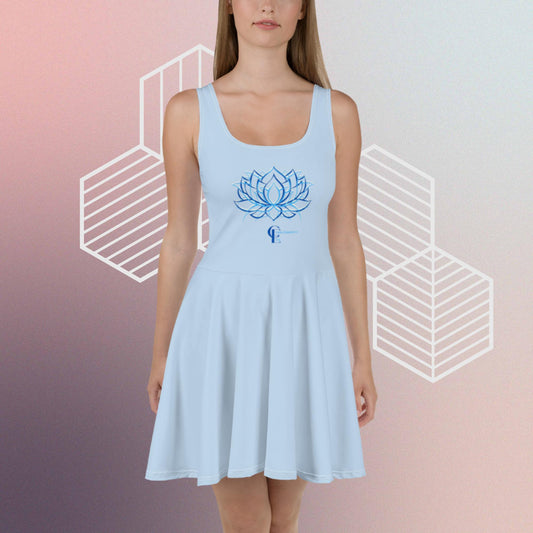 Light Blue Skater Dress with Lotus Flower and Consciousness Era logo