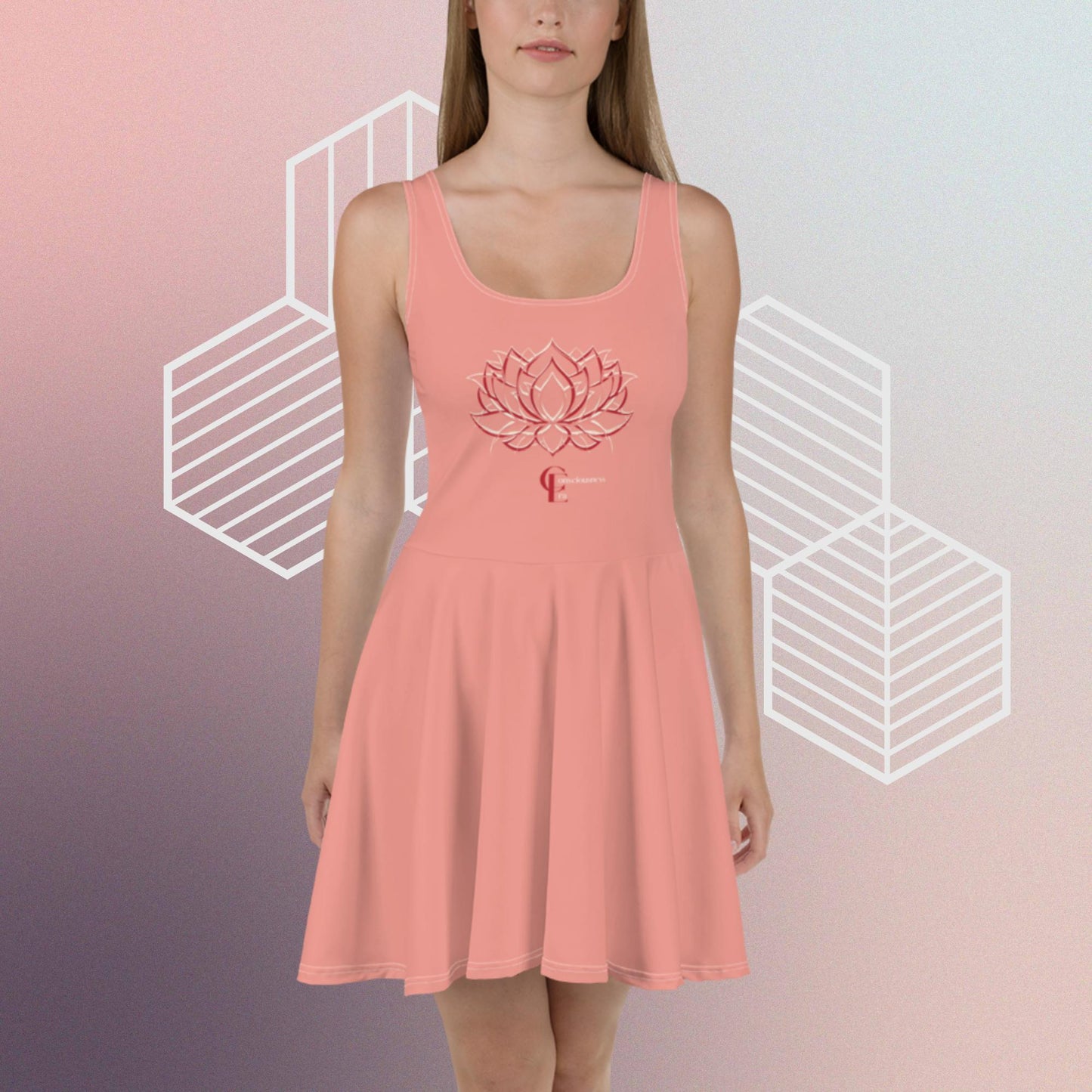 Light Coral Skater Dress with Lotus Flower and Consciousness Era logo