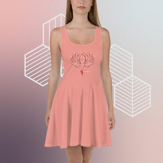 Light Coral Skater Dress with Lotus Flower and Consciousness Era logo