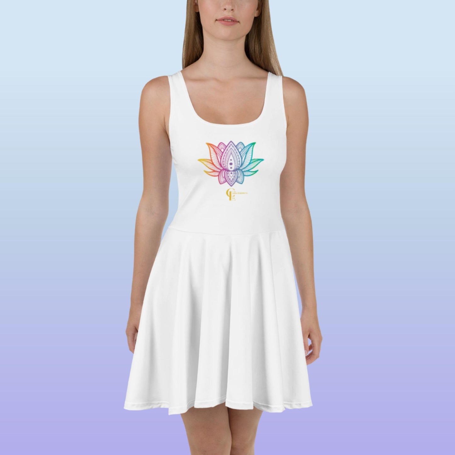 Skater Dress with Rainbow Lotus Flower and Consciousness Era logo