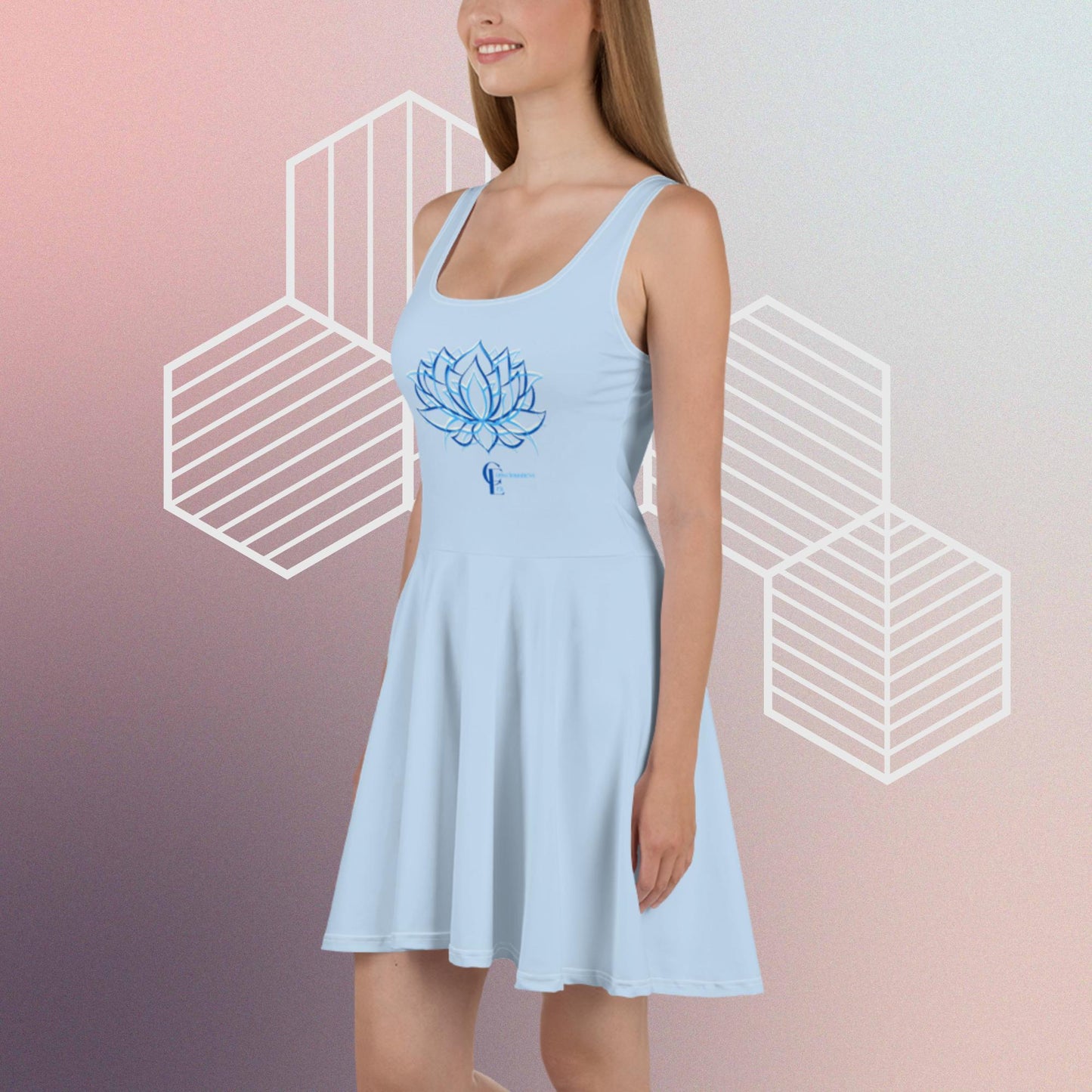 Light Blue Skater Dress with Lotus Flower and Consciousness Era logo