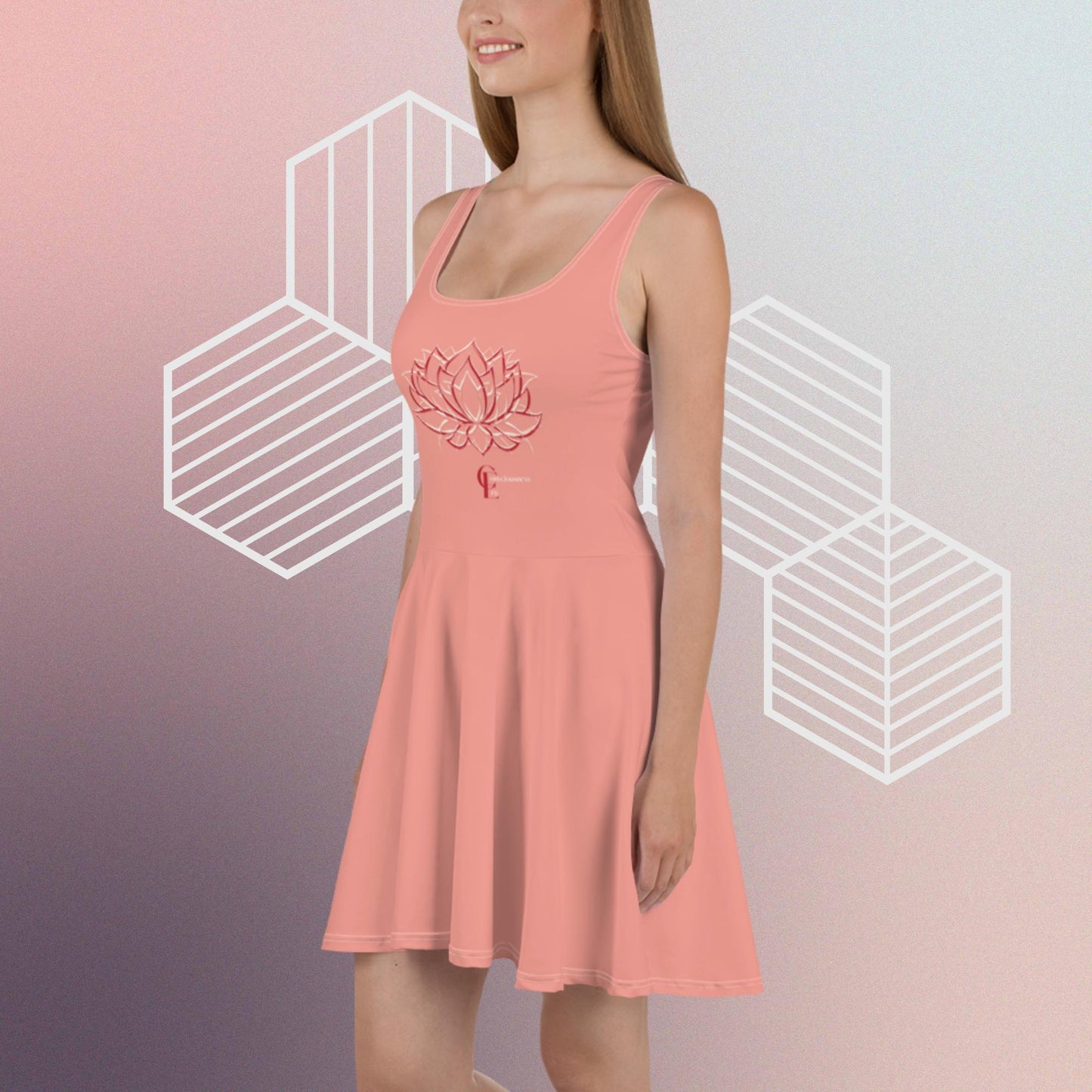 Light Coral Skater Dress with Lotus Flower and Consciousness Era logo