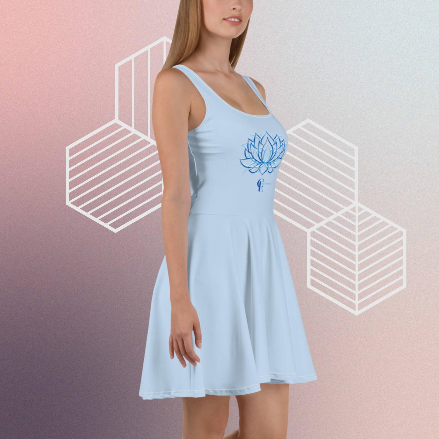 Light Blue Skater Dress with Lotus Flower and Consciousness Era logo