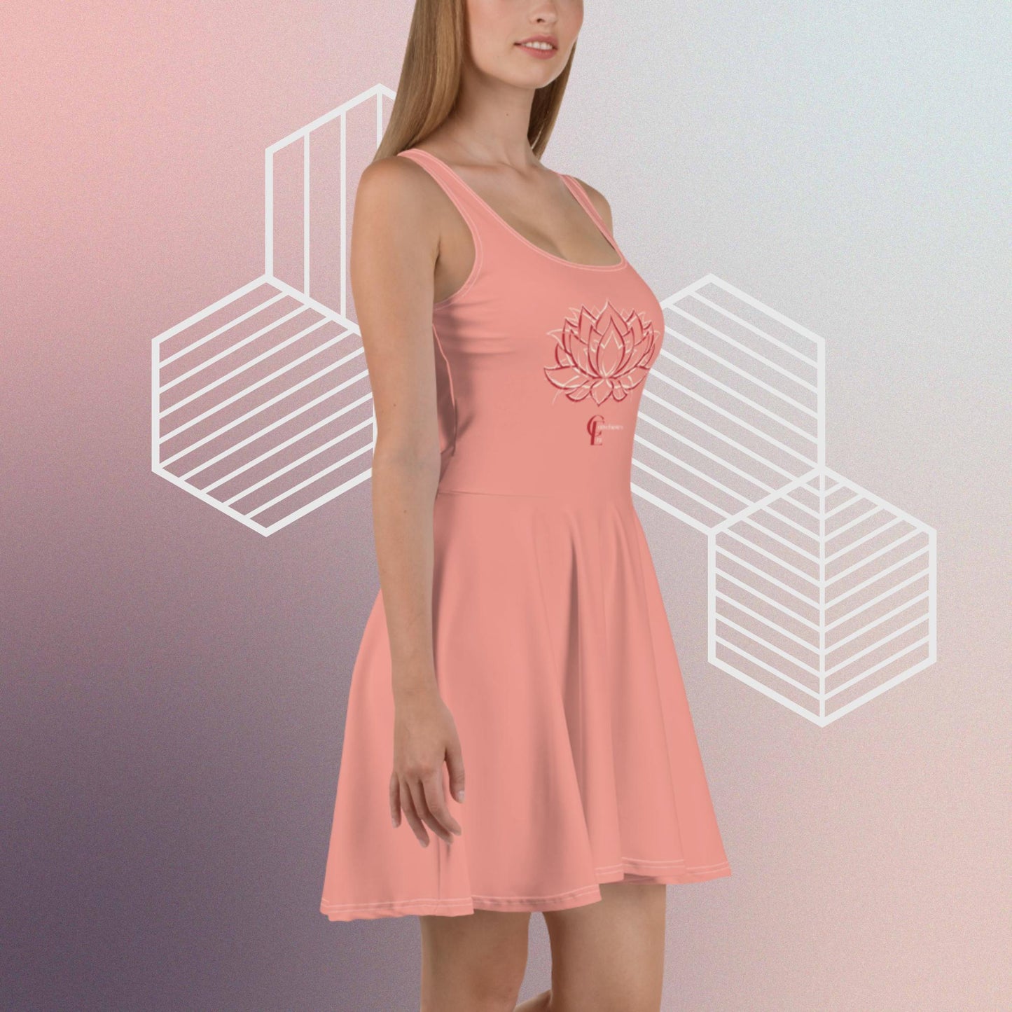 Light Coral Skater Dress with Lotus Flower and Consciousness Era logo