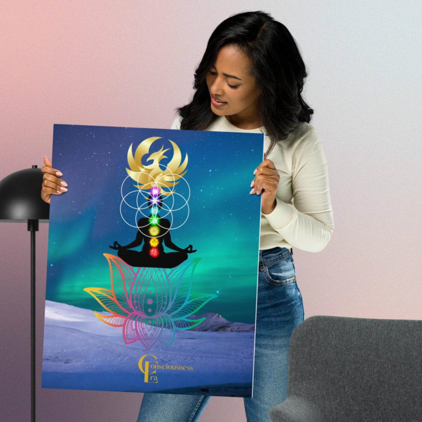 Metal prints with Northern Lights Background, Lotus Flower, Chakra Meditation, Flower of Life and Phoenix Rising