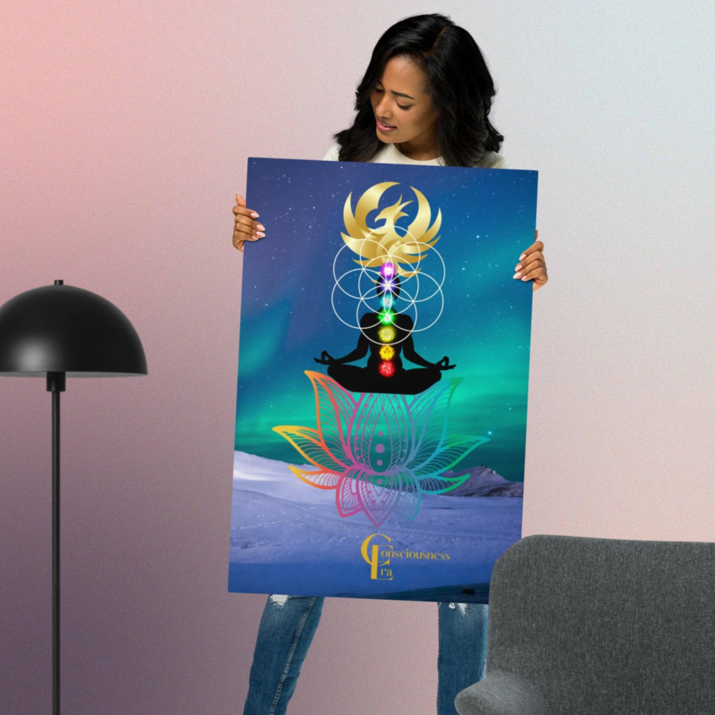 Metal prints with Northern Lights Background, Lotus Flower, Chakra Meditation, Flower of Life and Phoenix Rising