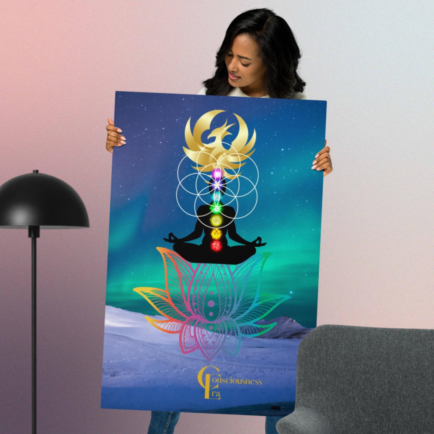 Metal prints with Northern Lights Background, Lotus Flower, Chakra Meditation, Flower of Life and Phoenix Rising