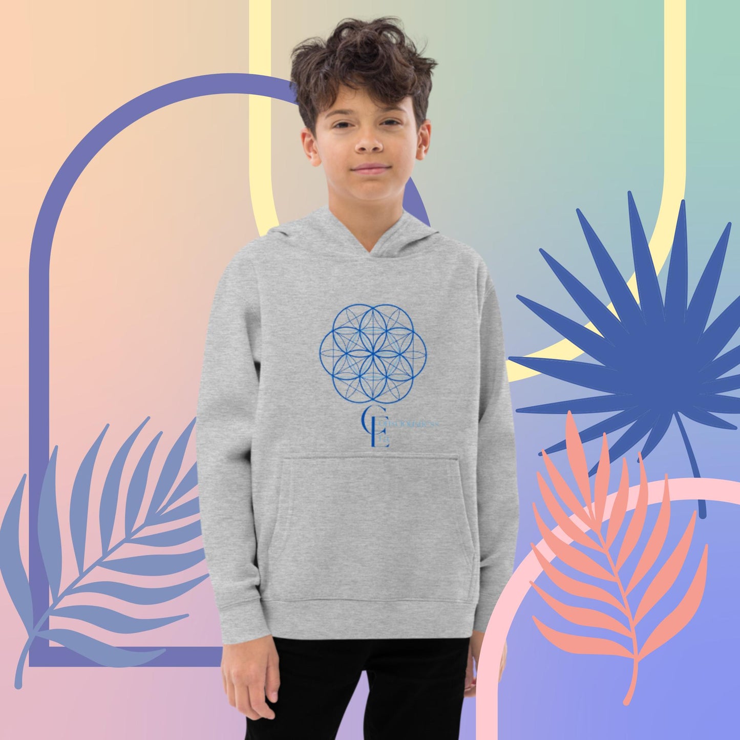 Kids fleece hoodie for boys and girls with Consciousness Era Logo and Sacred Geometry Pattern