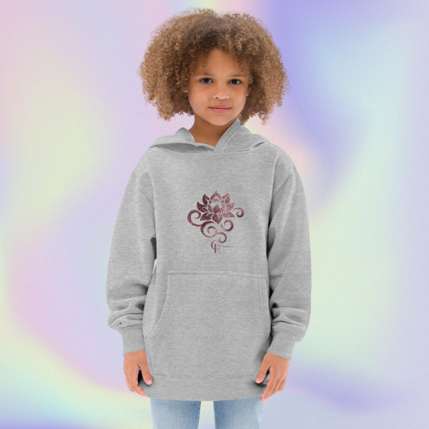 Kids fleece hoodie for Girls with Lotus Flower and Consciousness Era logo