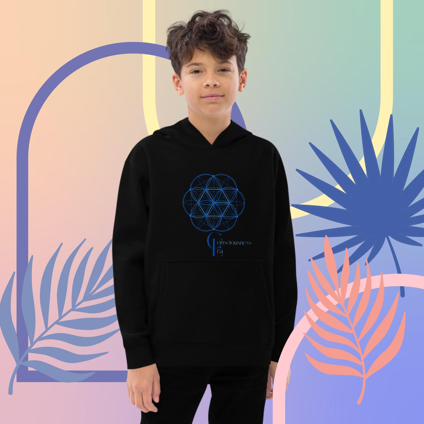 Kids fleece hoodie for boys and girls with Consciousness Era Logo and Sacred Geometry Pattern