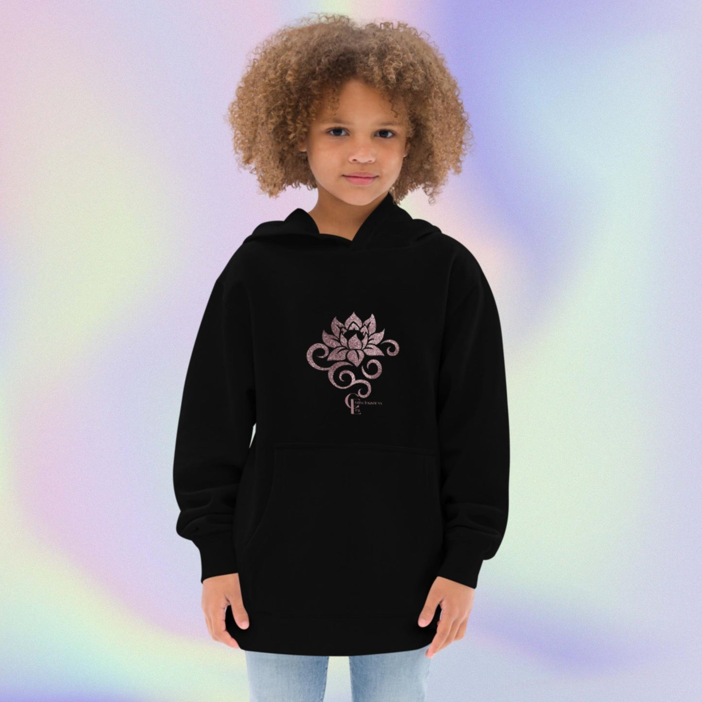 Kids fleece hoodie for Girls with Lotus Flower and Consciousness Era logo