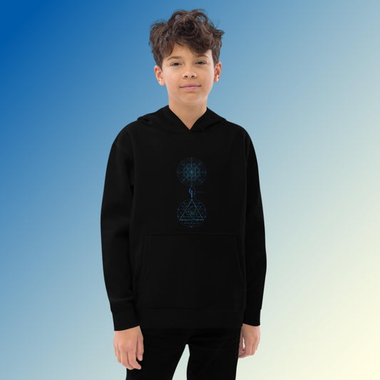 Kids fleece hoodie with Sacred Geometry and Consciousness Era logo