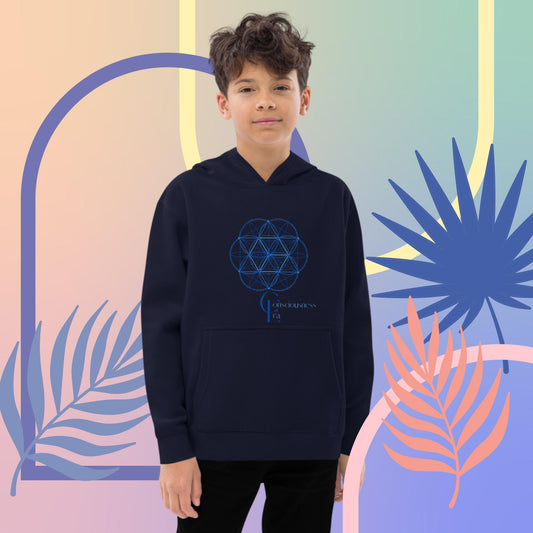 Kids fleece hoodie for boys and girls with Consciousness Era Logo and Sacred Geometry Pattern