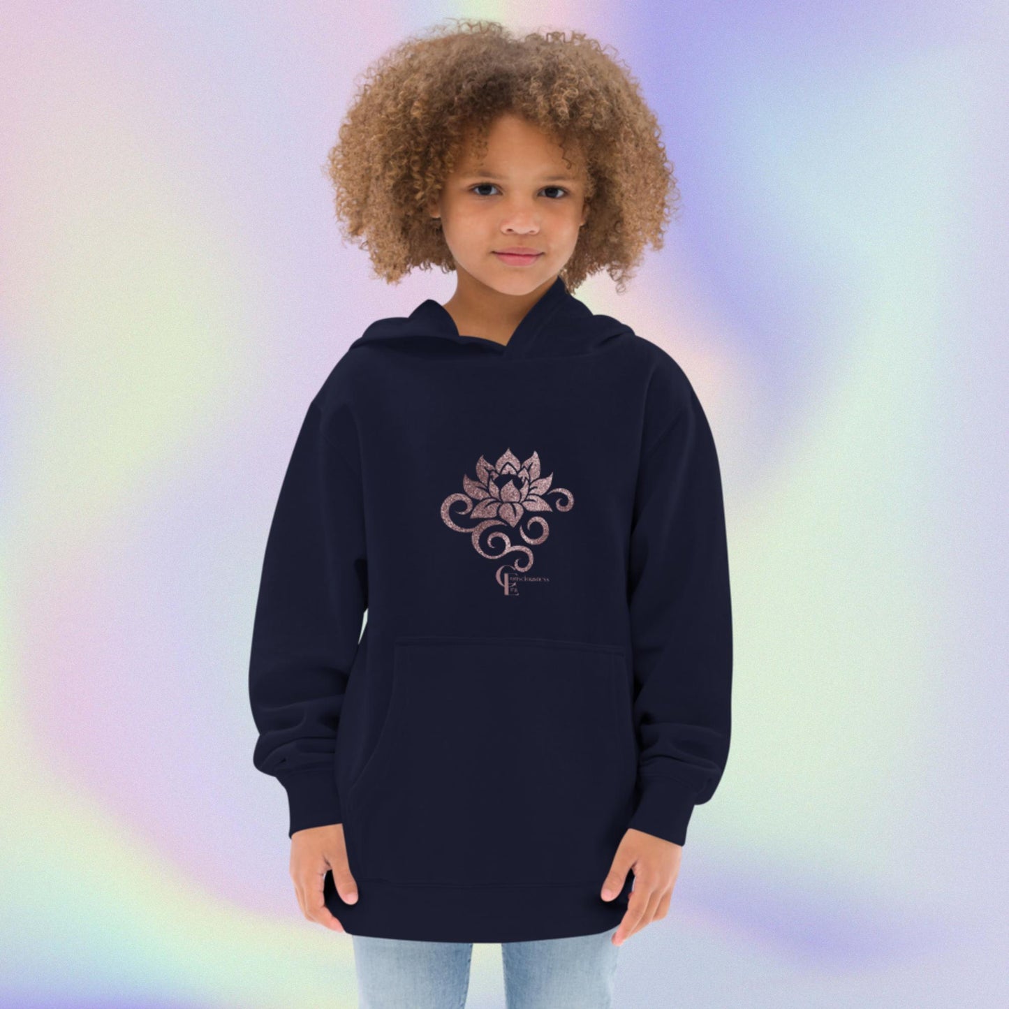 Kids fleece hoodie for Girls with Lotus Flower and Consciousness Era logo