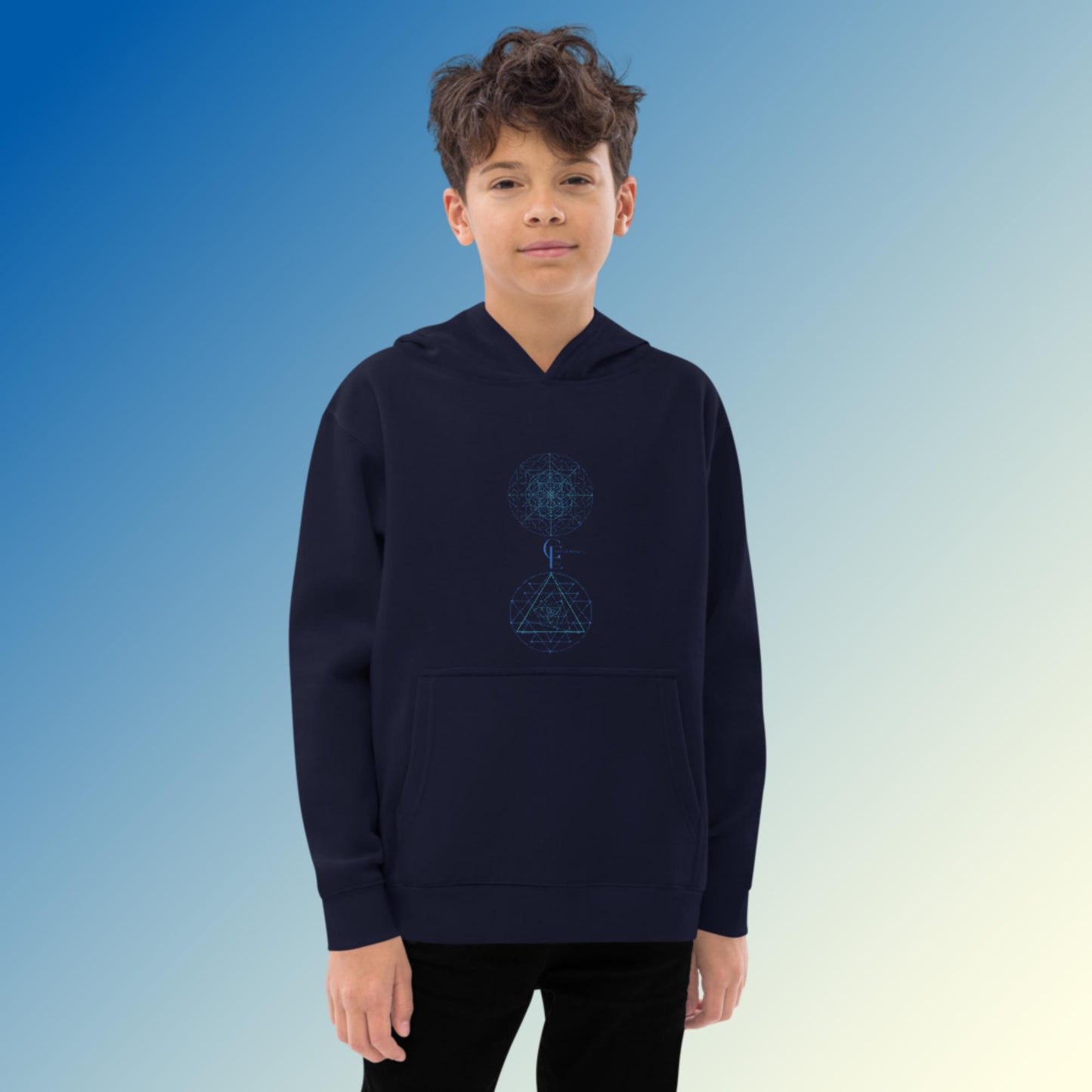 Kids fleece hoodie with Sacred Geometry and Consciousness Era logo