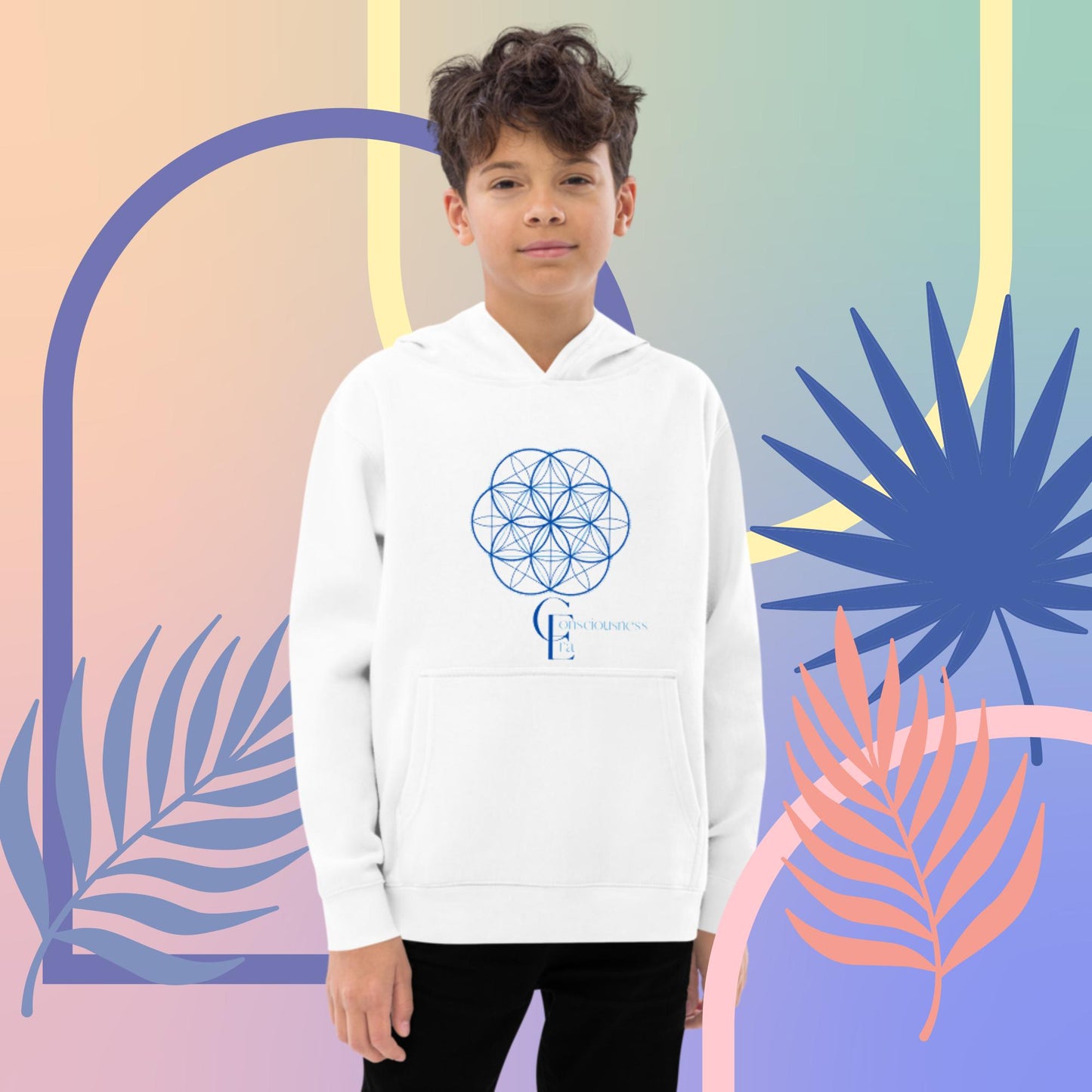 Kids fleece hoodie for boys and girls with Consciousness Era Logo and Sacred Geometry Pattern