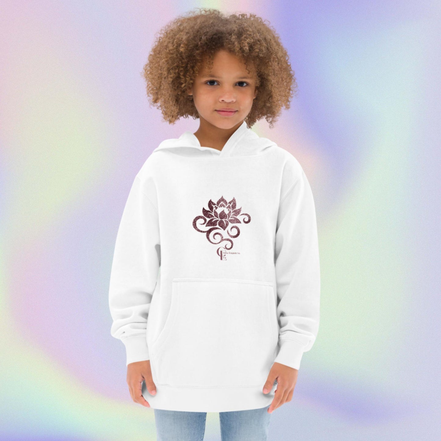 Kids fleece hoodie for Girls with Lotus Flower and Consciousness Era logo