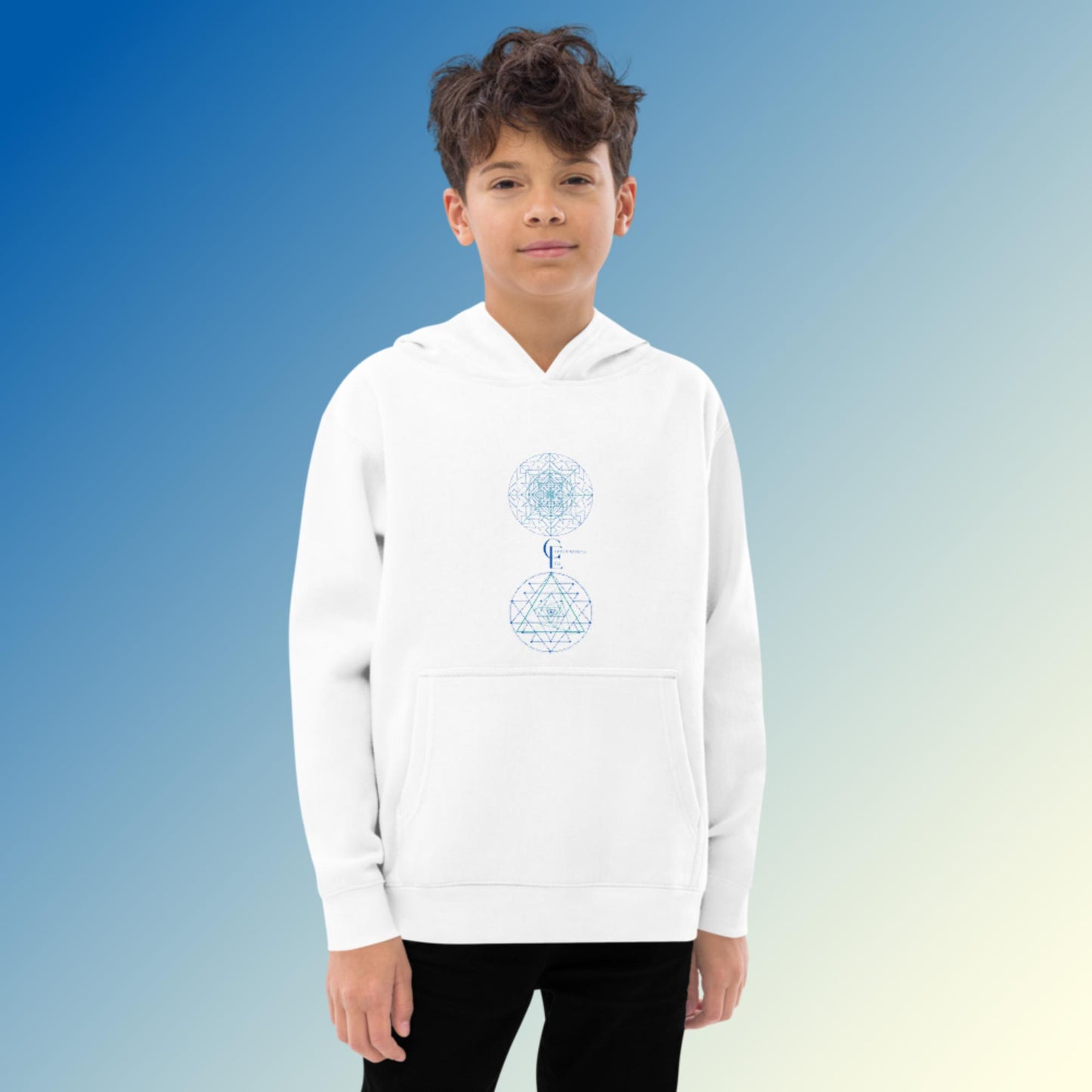 Kids fleece hoodie with Sacred Geometry and Consciousness Era logo