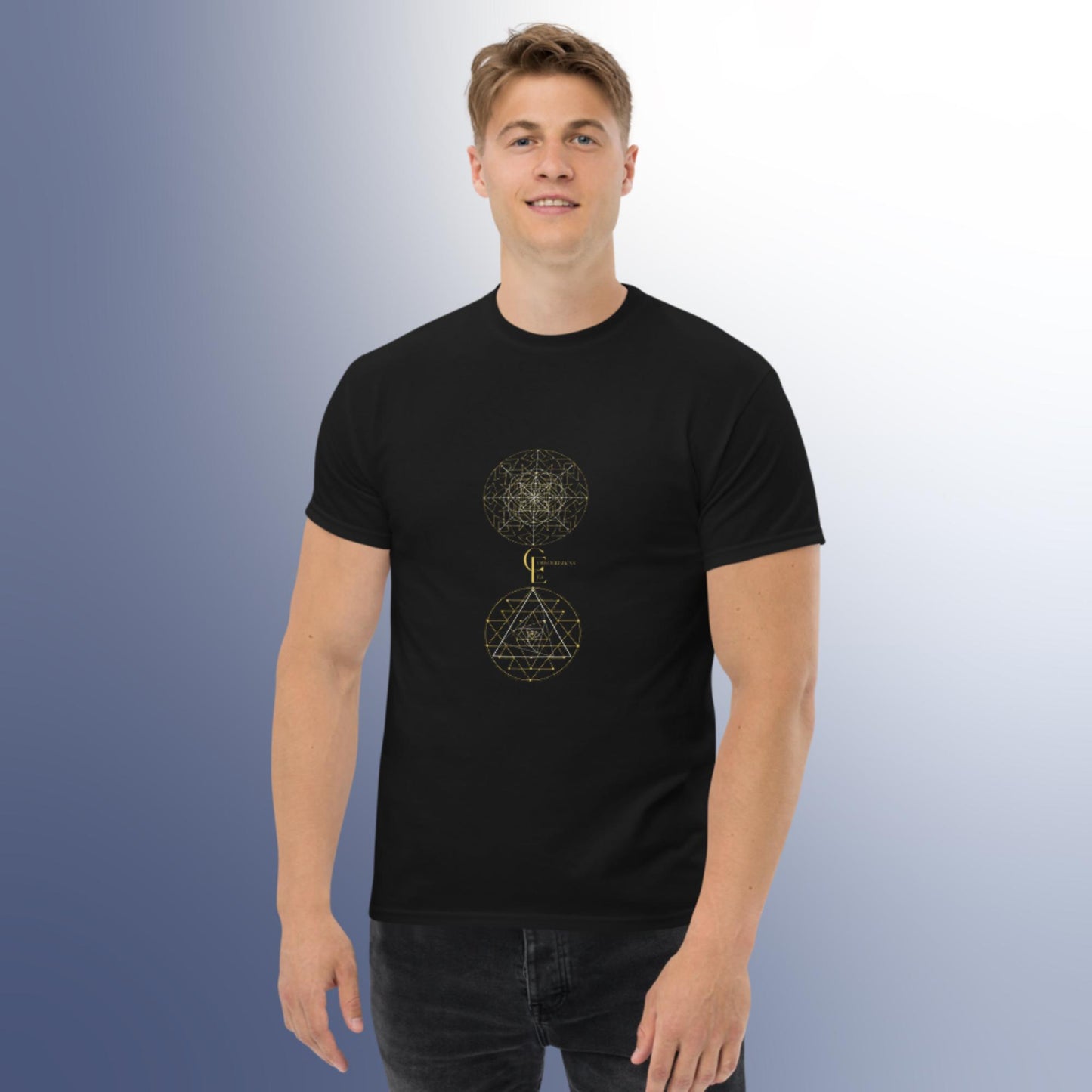 Men's classic t-shirt with Sacred Geometry and Consciousness Era Logo