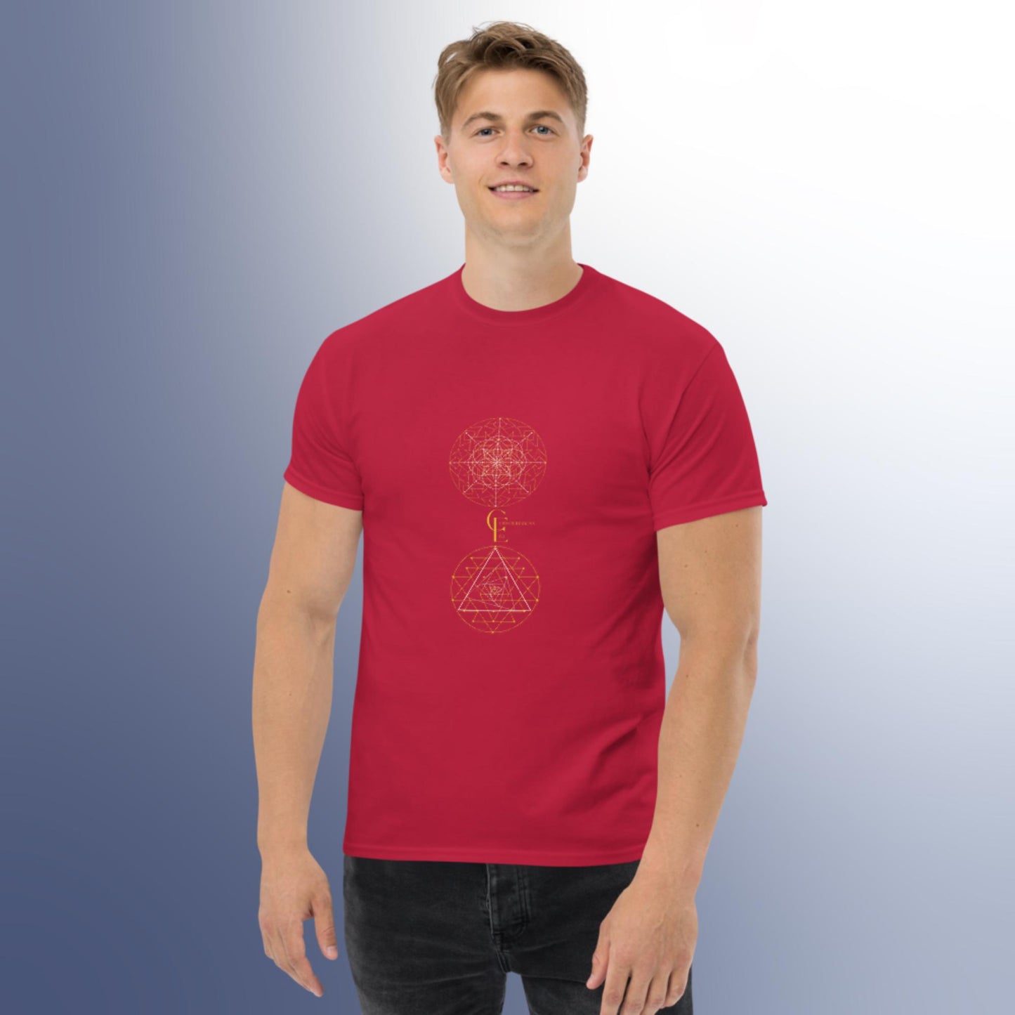 Men's classic t-shirt with Sacred Geometry and Consciousness Era Logo