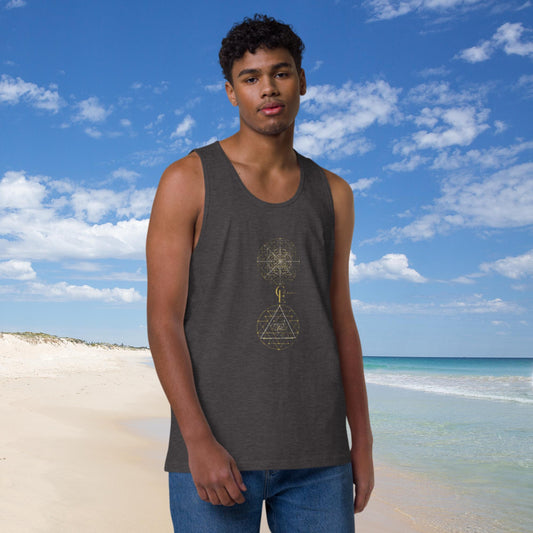 Men’s premium tank top with Sacred Geometry and Consciousness Era logo