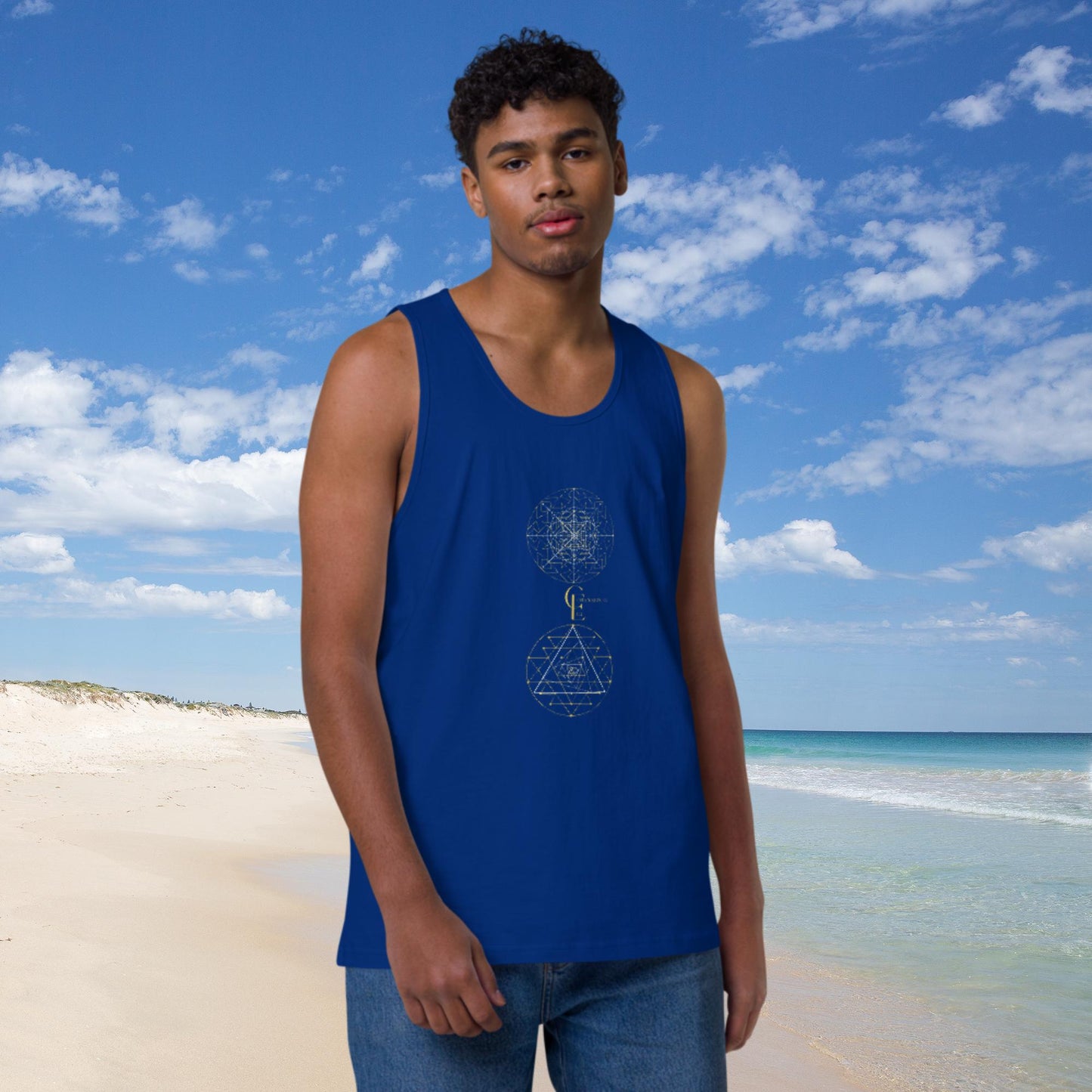 Men’s premium tank top with Sacred Geometry and Consciousness Era logo