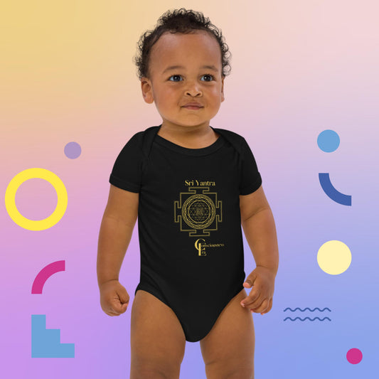 Organic cotton baby bodysuit with Sri Yantra and Consciousness Era logo