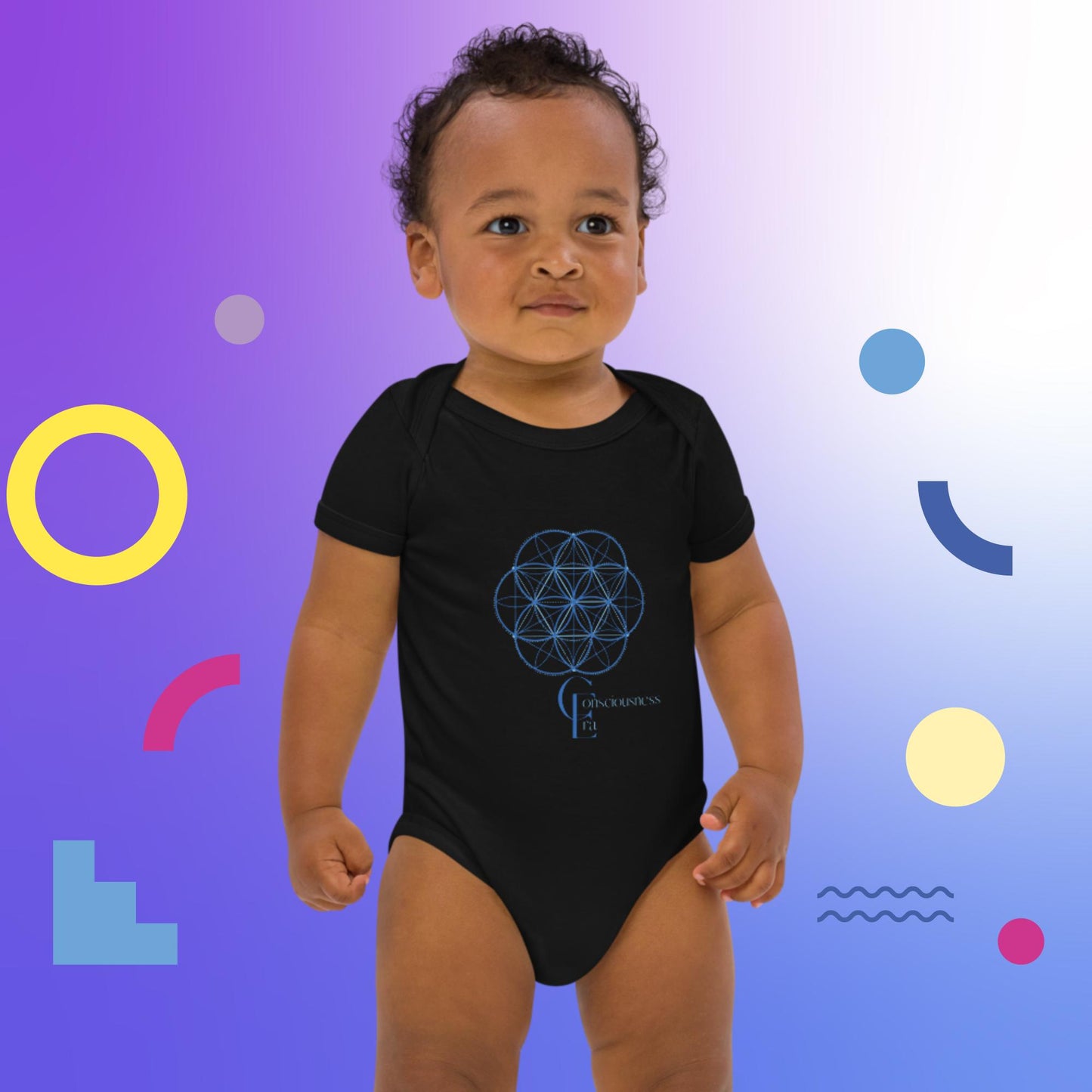 Organic cotton baby bodysuit with Sacred Geometry Flower of Life and Consciousness Era logo