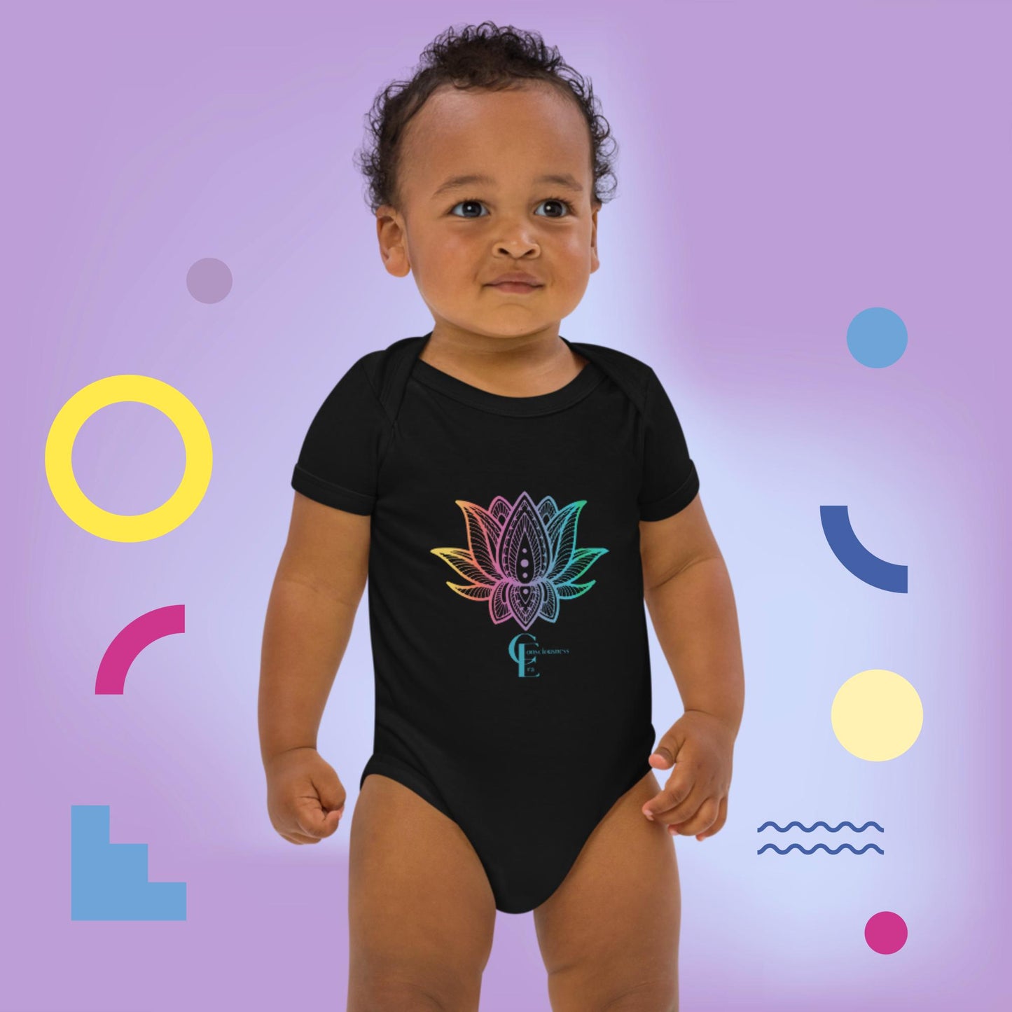 Organic cotton baby bodysuit with Rainbow Lotus Flower and Consciousness Era logo