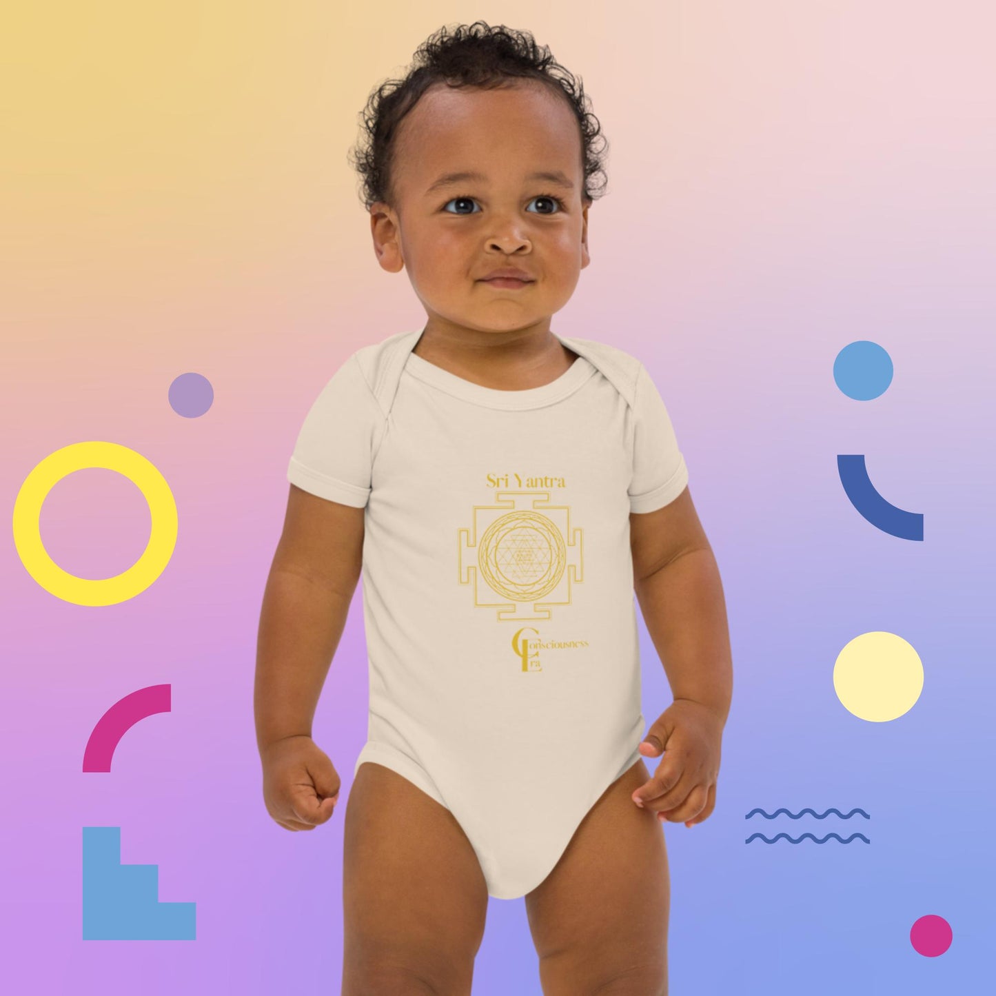 Organic cotton baby bodysuit with Sri Yantra and Consciousness Era logo