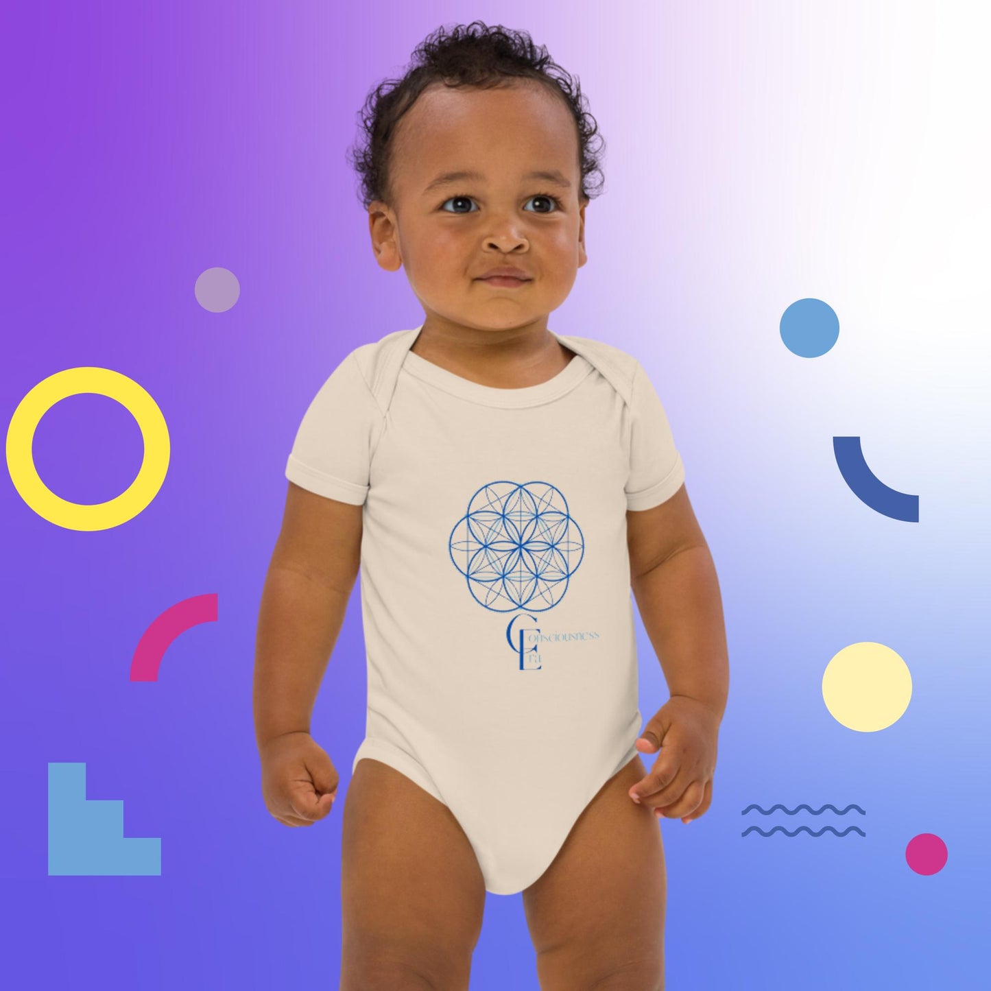 Organic cotton baby bodysuit with Sacred Geometry Flower of Life and Consciousness Era logo