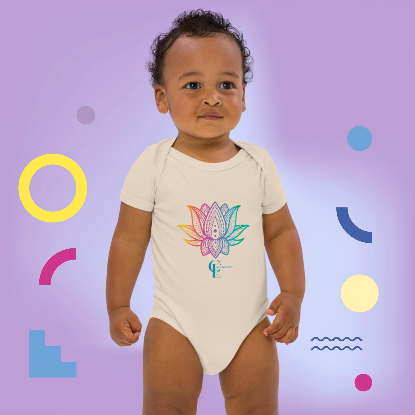 Organic cotton baby bodysuit with Rainbow Lotus Flower and Consciousness Era logo