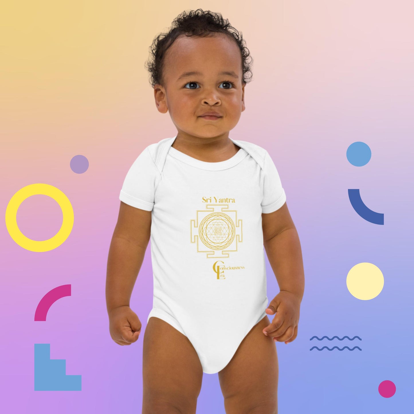 Organic cotton baby bodysuit with Sri Yantra and Consciousness Era logo