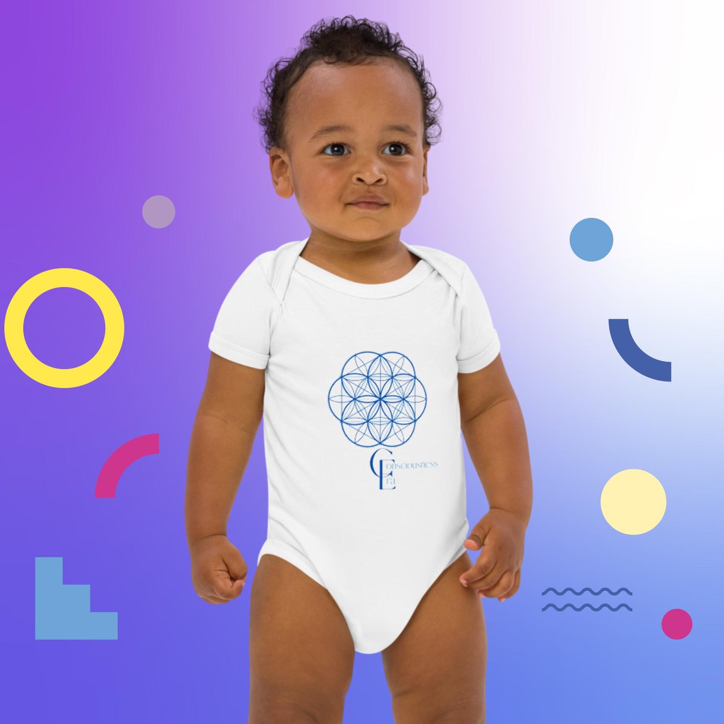 Organic cotton baby bodysuit with Sacred Geometry Flower of Life and Consciousness Era logo