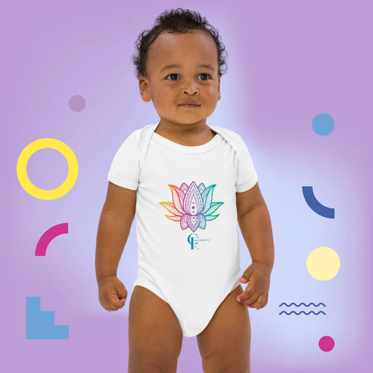 Organic cotton baby bodysuit with Rainbow Lotus Flower and Consciousness Era logo