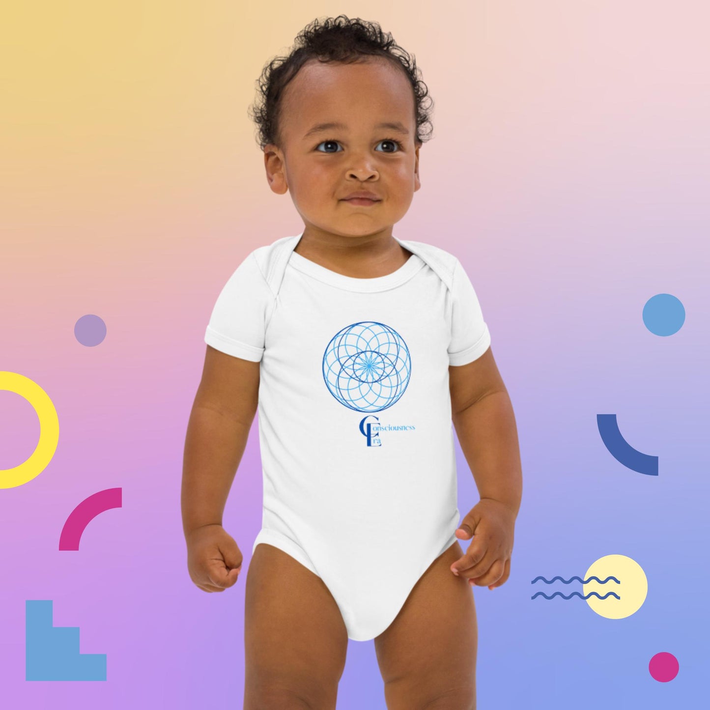 Organic cotton baby bodysuit with Flower of Life and Infinity Symbol