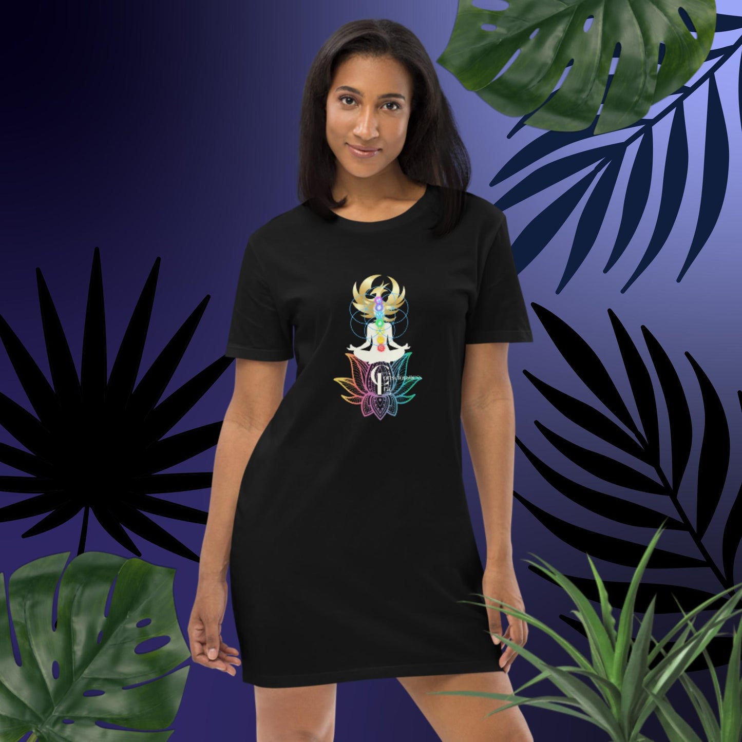 Organic cotton t-shirt dress with Rainbow lotus Flower, Chakra Meditation, and Phoenix Rising Image