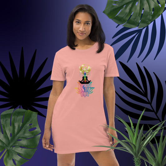 Organic cotton t-shirt dress with Rainbow Lotus Flower, Chakra Meditation, and Phoenix Rising Image