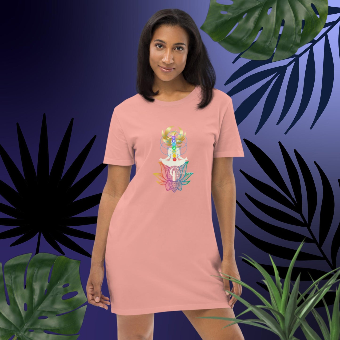 Organic cotton t-shirt dress with Rainbow lotus Flower, Chakra Meditation, and Phoenix Rising Image