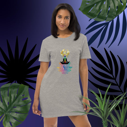 Organic cotton t-shirt dress with Rainbow Lotus Flower, Chakra Meditation, and Phoenix Rising Image