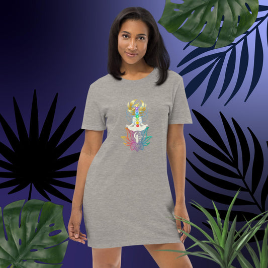 Organic cotton t-shirt dress with Rainbow lotus Flower, Chakra Meditation, and Phoenix Rising Image